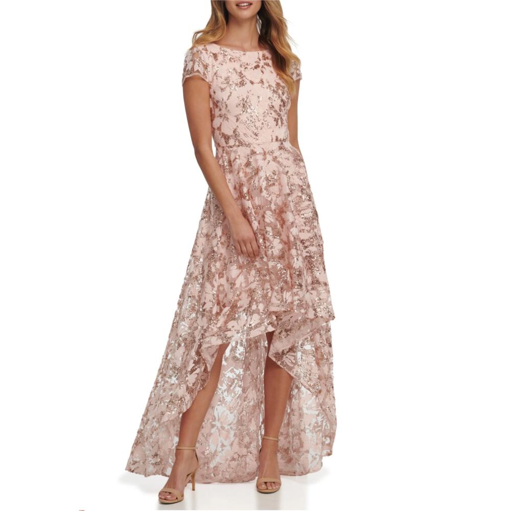Eliza J Women's Pink Evening Gown Sequined Lace High Low Backless Dress Size 8